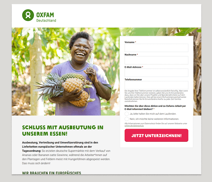 Screenshot der Online-Petition zum EU-Lieferkettengesetz von Oxfam