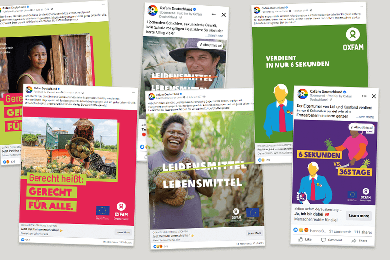 Eine Serie von Facebook-Anzeigen für die Oxfam-Kampagne