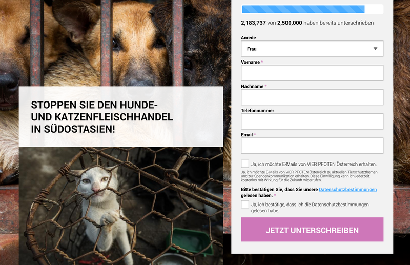 Screengrab einer Online Petition von Vier Pfoten mit Katzen und Hunden, sowie einem Petitionsformular