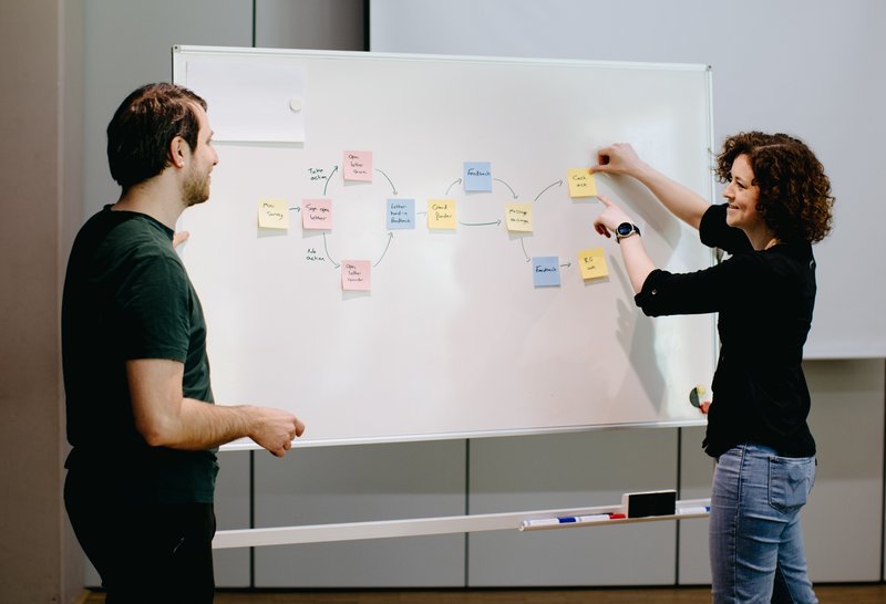 A man and woman add sticky notes to a whiteboard