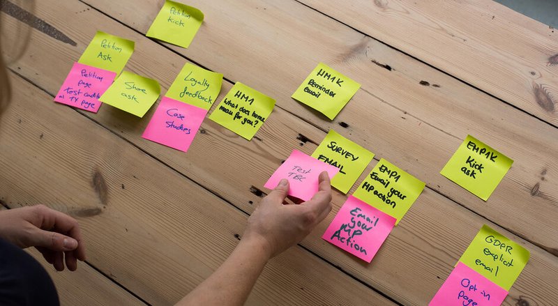 Post-It-Notes on a table showing a supporter journey design