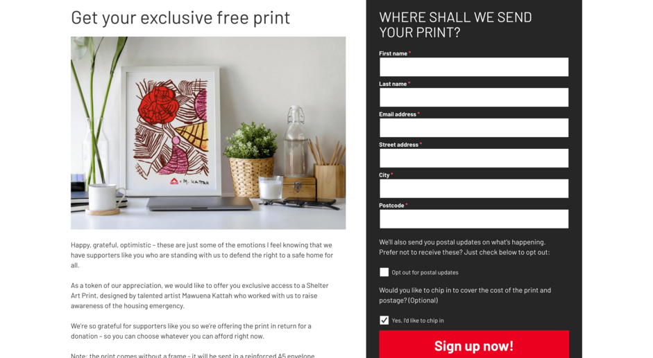 A webpage where people can claim a free art print