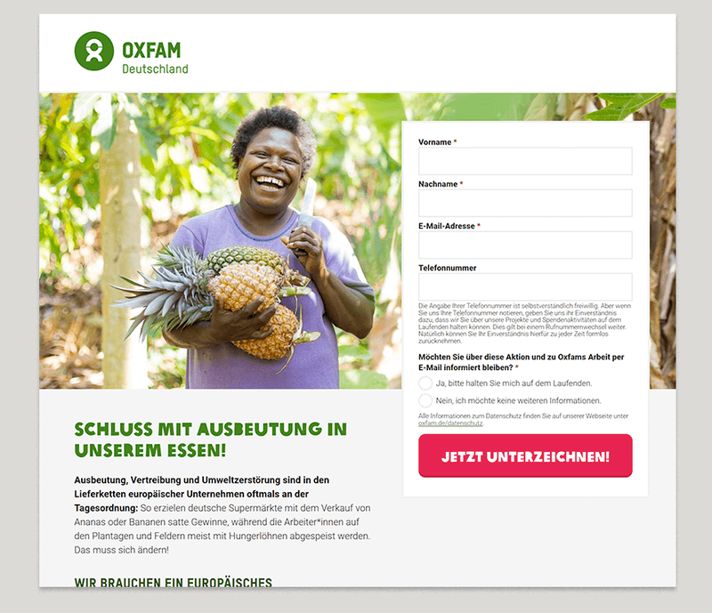 Screengrab einer Online-Petition von Oxfam Deutschland