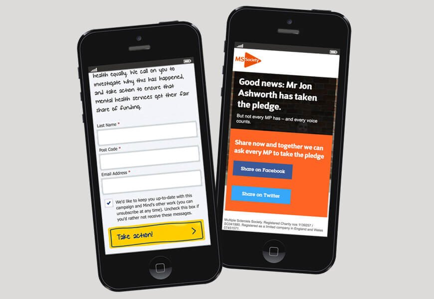 Two mobile phones showing online actions from charities