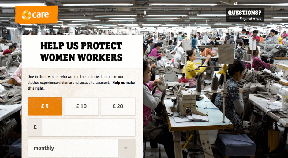 Screengrab of a donation page for garment workers