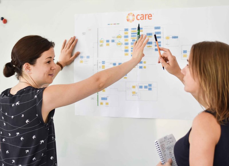 Two mobilisation experts discussing while pointing to a supporter jourenys diagram on the wall