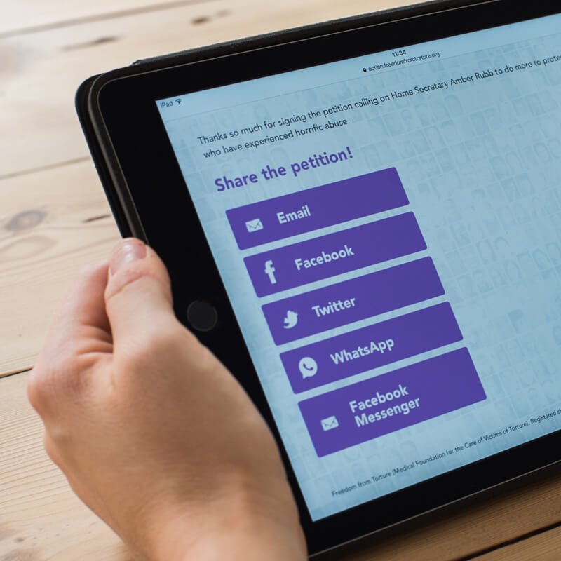 Tablet showing the share buttons on the Impact Stack mobilisation platform