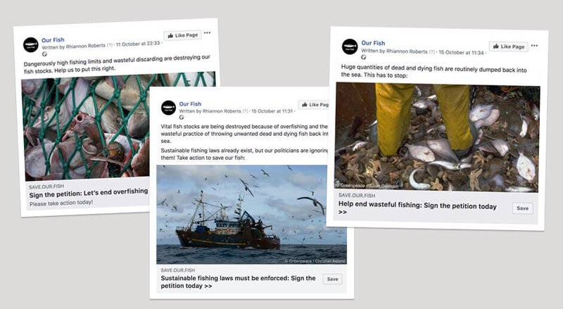 Screengrabs of three Ourfish facebook ads for supporter recruitment