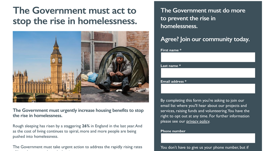 Screengrab of a landing page showing an image of a person who is sleeping rough next to an image of westminster