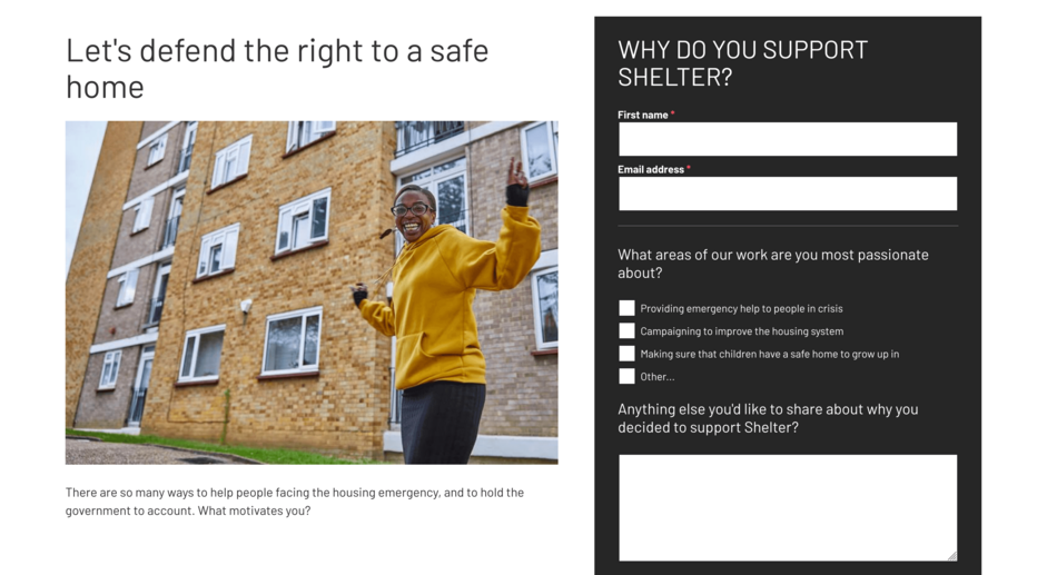 A page asking supporters to share their reasons for supporting Shelter